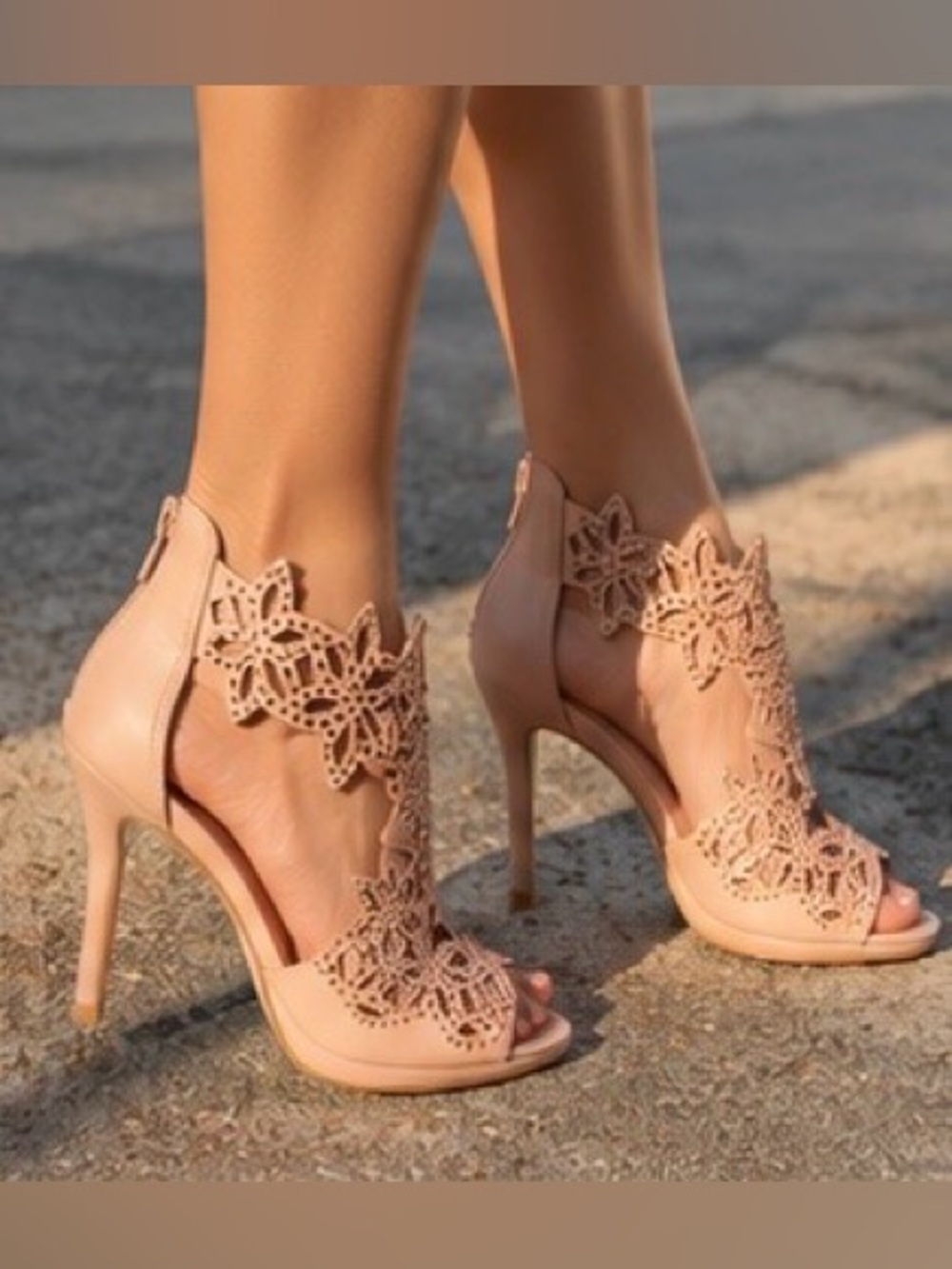 FYOR Nude Laser Cut Rhinestone Stiletto Heels Size 37 NWOB Made in Brazil